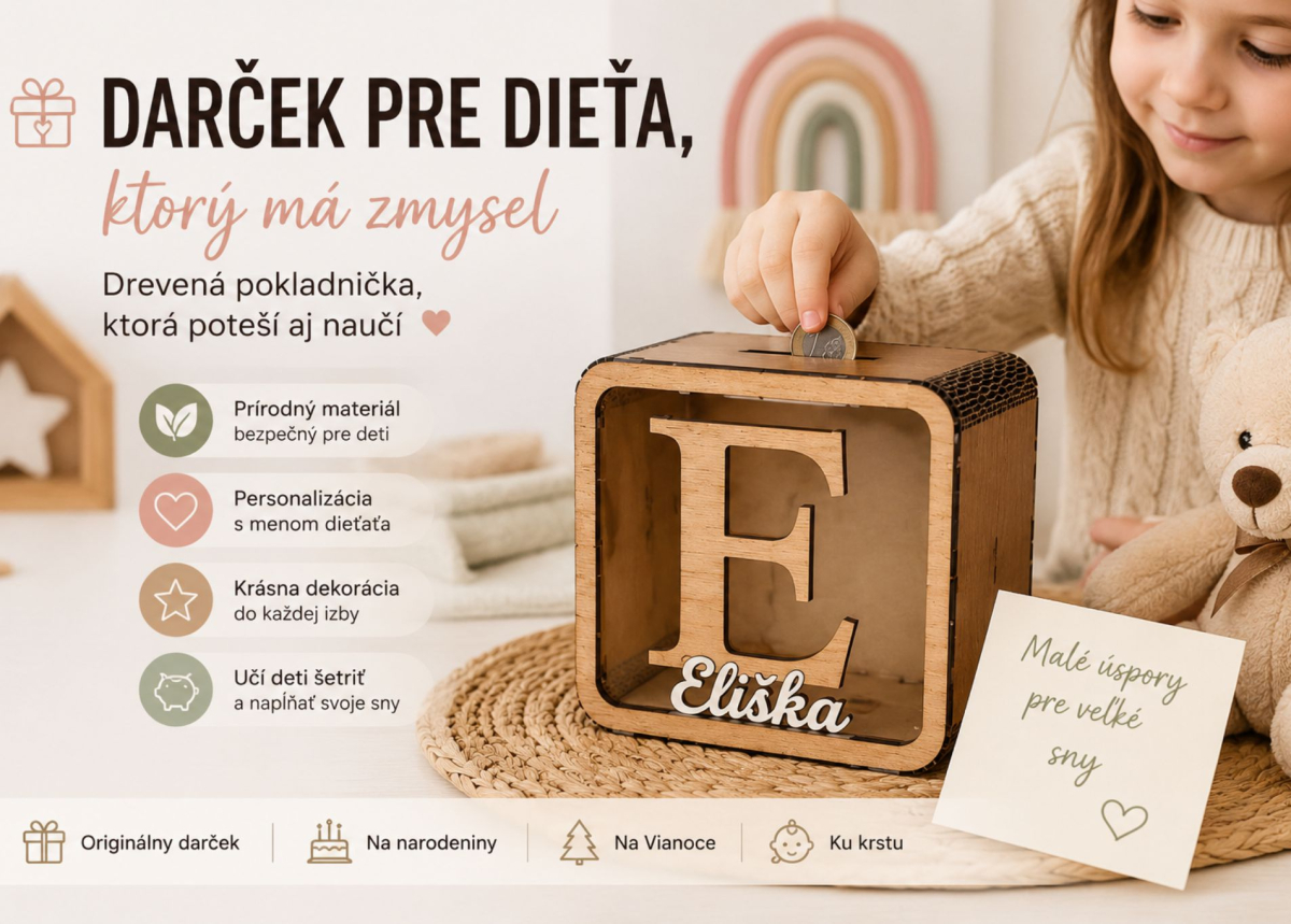 Darček pre dieťa - drevená pokladnička pre deti s menom