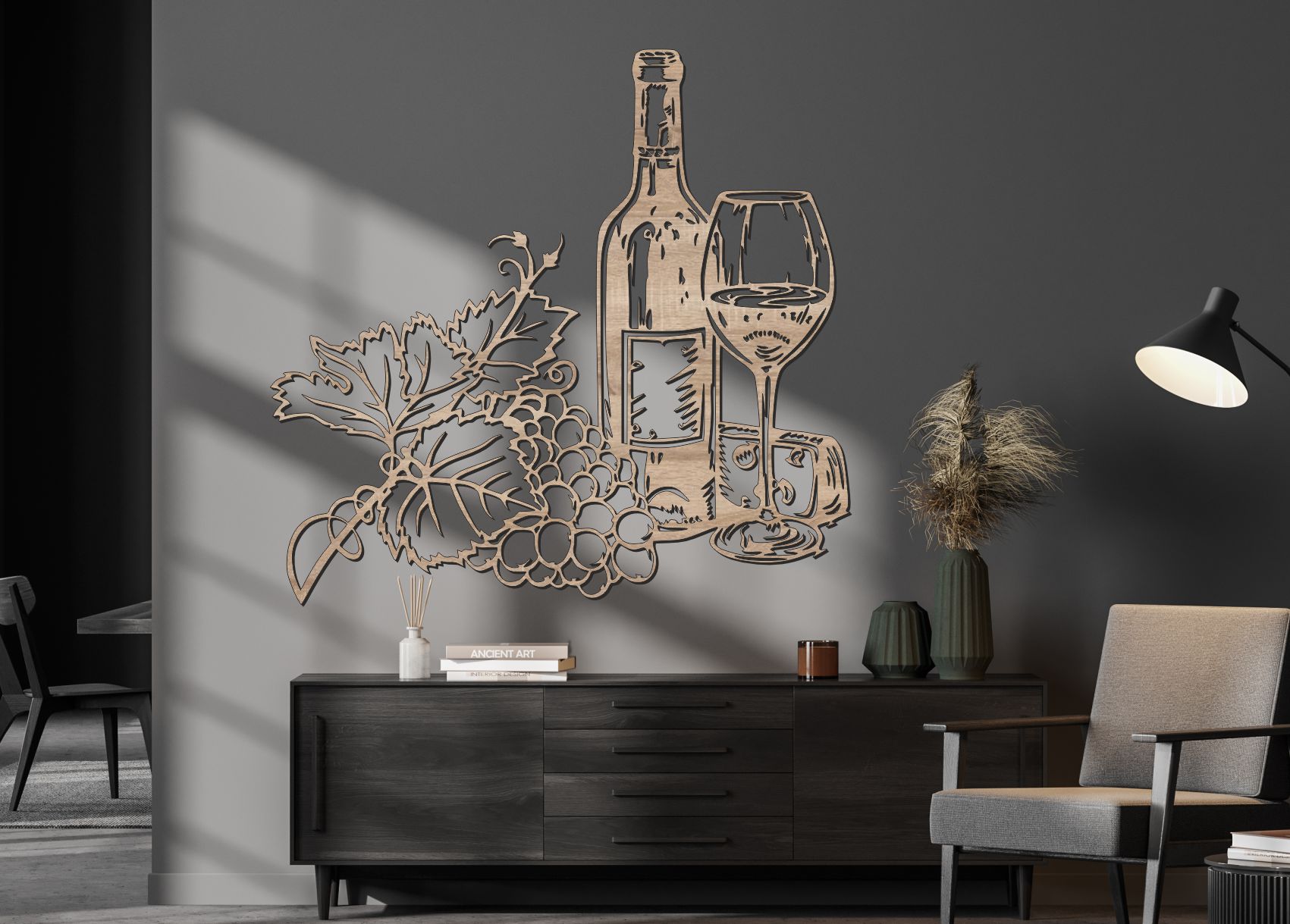 Vínový set – Fľaša a pohár vína – Drevený obraz na sten