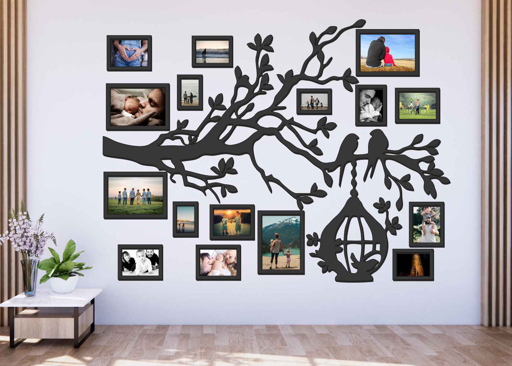 Drevený fotorámik na stenu – Rodinný strom so vtáčikmi