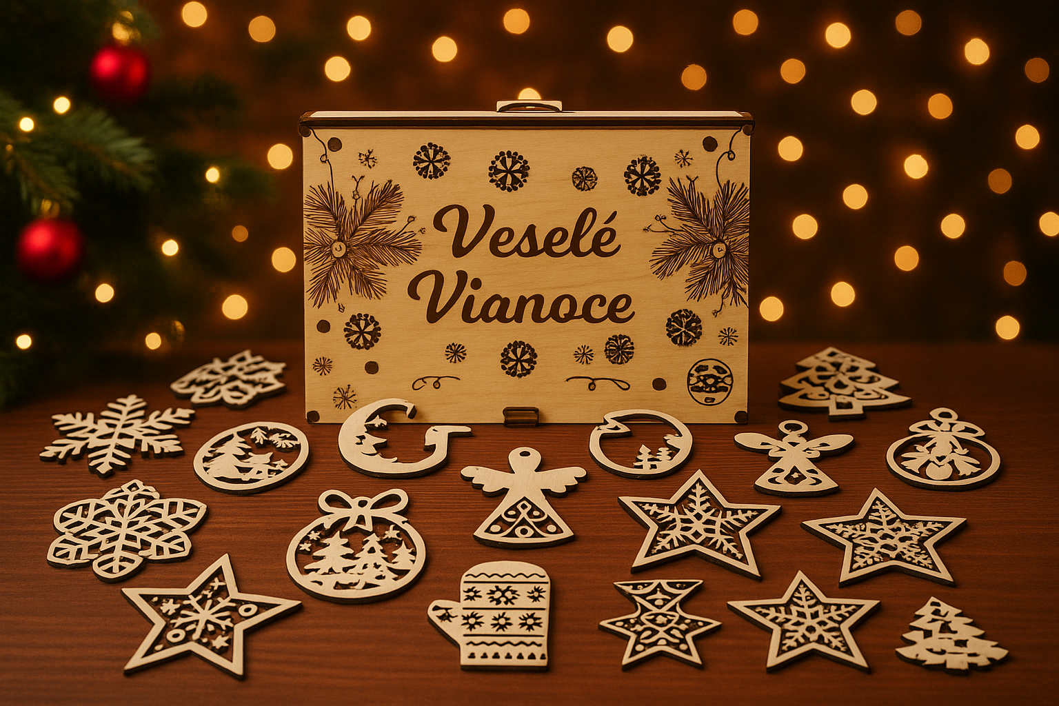 Drevené vianočné ozdoby v darčekovej krabičke – Veselé Vianoce (18 ks)