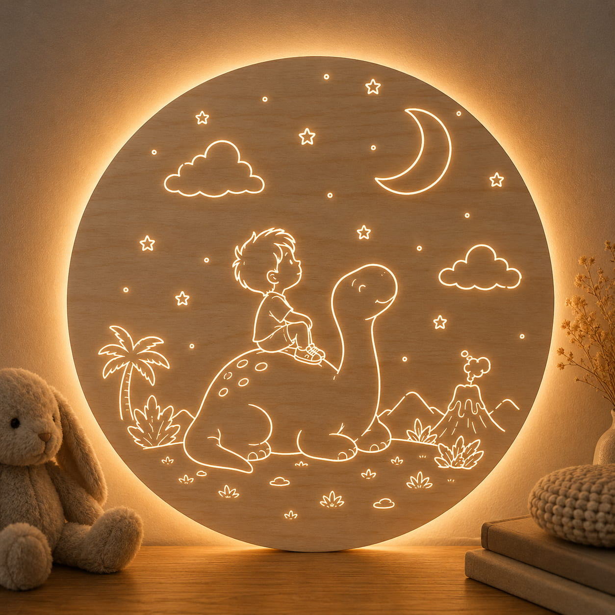 Drevená LED lampa na stenu - Dievčatko pod mesiacom s menom