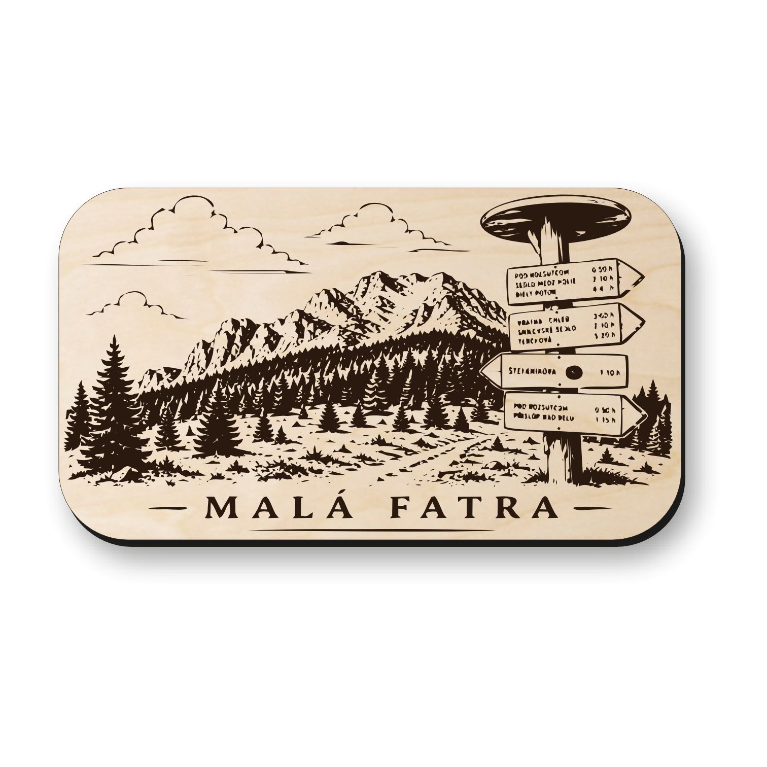Drevená magnetka Malá Fatra - turistický smerovník a horská krajina