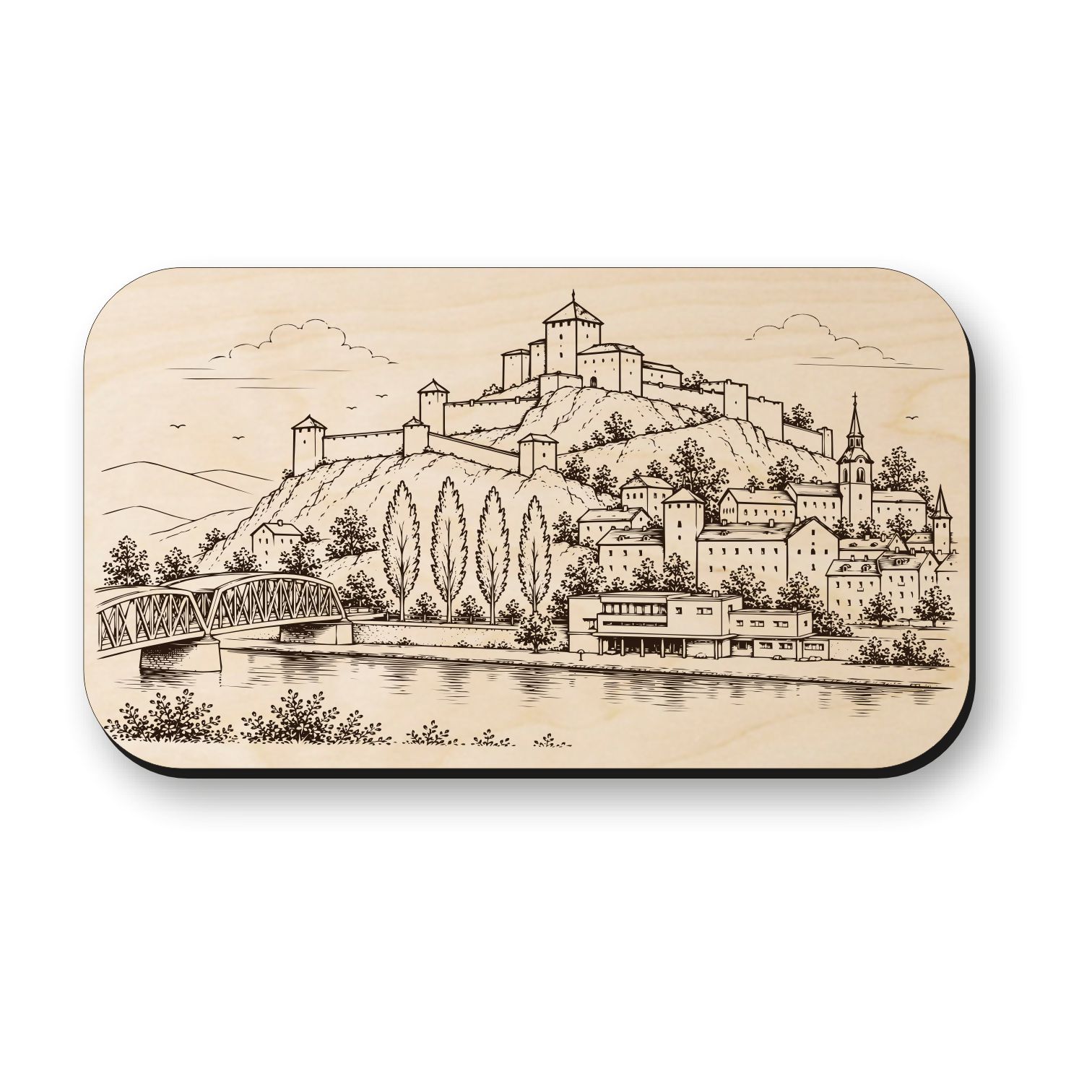 Drevená magnetka Trenčín - panoráma mesta a hradu
