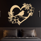 Drevený obraz – Srdce s vtáčikom a kvetmi