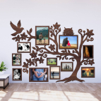 Drevený fotorámik na stenu – Rodinný strom so sovičkou a vtáčikom
