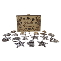 Drevené vianočné ozdoby v darčekovej krabičke – Veselé Vianoce (18 ks)