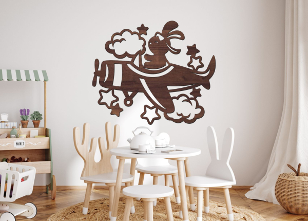 Drevený obrázok do detskej izby – Zajačik v lietadle