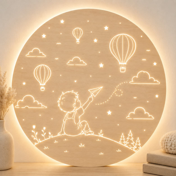 Drevená LED lampa pre chlapca - Lietadielko a balóny