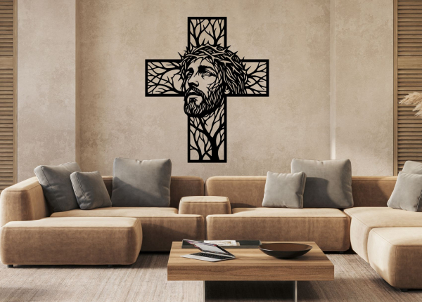 Drevený obraz na stenu - Ježiš s tŕňovou korunou v kríži